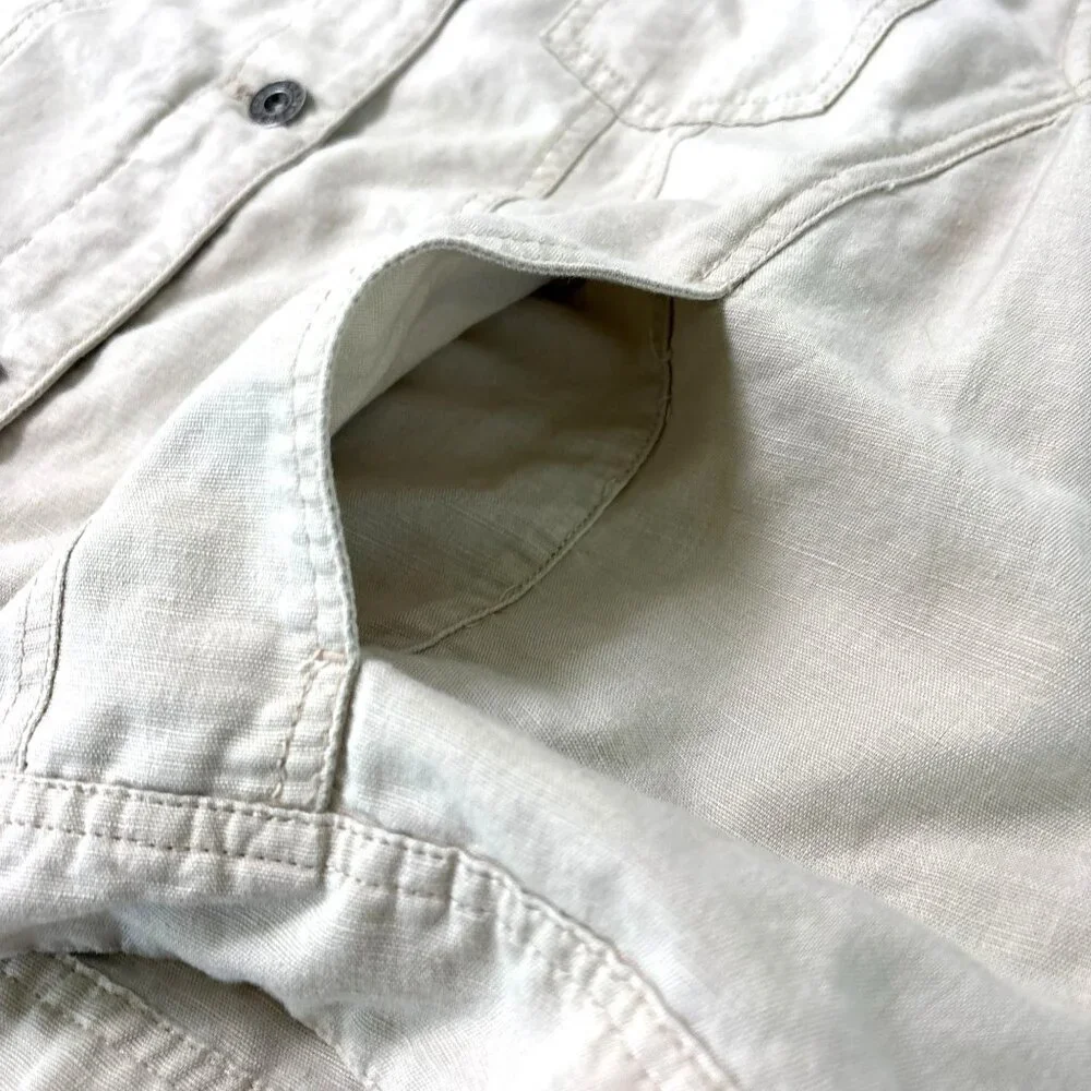 LL Bean‎ Utility Jacket Womens M Reg Tan Linen Blend Pockets Button Front